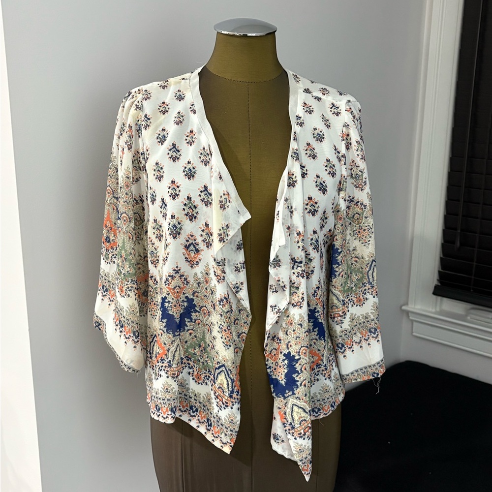 Floral Open-Front Jacket - White and Blue